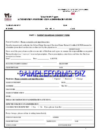 District of Columbia Medication and Treatment Authorization Form pdf free